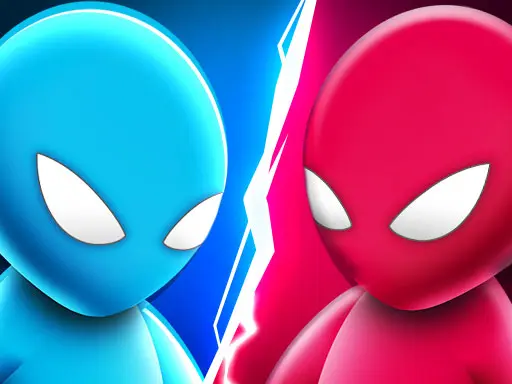 Ilustração de dois personagens estilo bonecos, um azul e um vermelho, encarando-se de frente com uma linha branca de energia dividindo-os. Fundo azul à esquerda e rosa à direita.